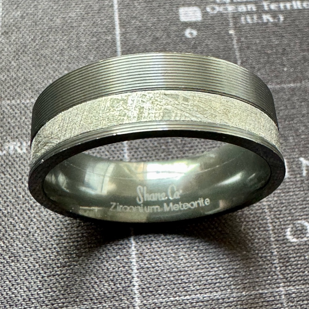 Men's Black and Silver Meteorite Inlay Zirconium Ring Size 12